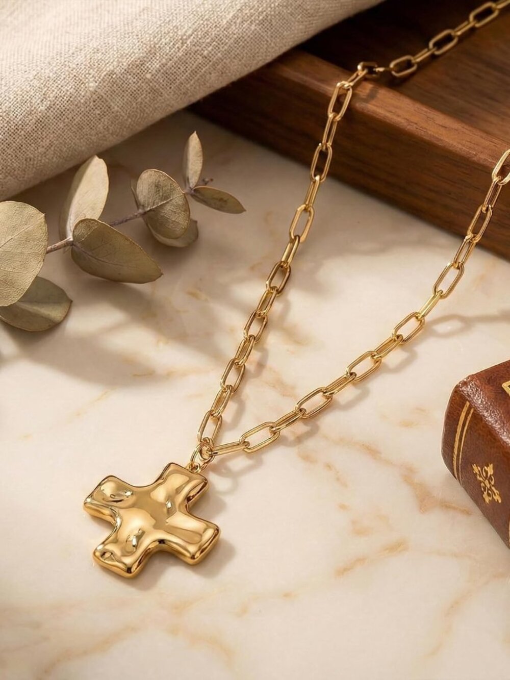 Chunky Gold Cross Necklace for Women 18k Gold Plated Stainless Steel Hammered Cr - Picture 5 of 7